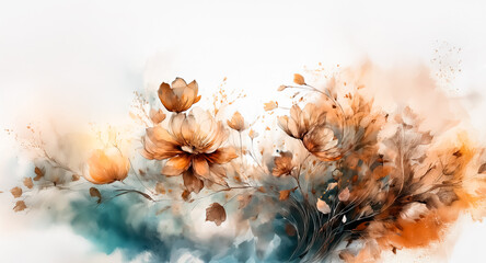 Poster - Soft watercolor artwork of flowers in warm orange and cool teal hues.  Abstract floral painting with delicate washes and flowing organic shapes.