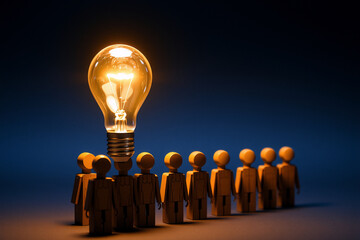Aufkleber - Bright light bulb illuminates figures in a row, symbolizing ideas and teamwork against a dark backdrop.