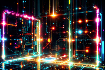 Fototapete - Abstract digital technology scene with glowing neon lines forming circuit patterns. Vibrant colors illuminate a dark futuristic background.