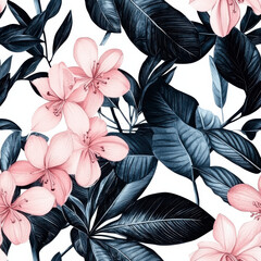 Wall Mural - Pink flowers and dark leaves in seamless botanical pattern, Summer Textile Seamless Pattern Background