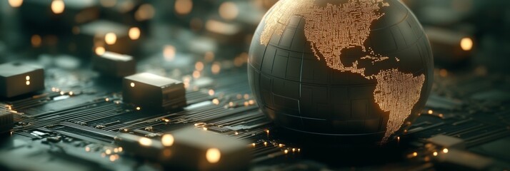 Wall Mural - digital world map embedded in circuit board with glowing lights showcasing the fusion of technology 