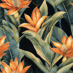 Wall Mural - Tropical orange flowers and banana leaves on dark background, Summer Textile Seamless Pattern Background