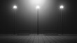 © rose id - Foggy Night Scene: Three Illuminated Lampposts and Two Empty Benches
