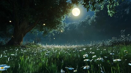 Wall Mural - a magical moonlit clearing with sparkling dew on grass and glowing fireflies.