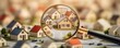 © Planetz - Searching for house lodging and property with magnifying glass. Hunt for new house or home, real estate loan, mortgage, investments and housing development concept