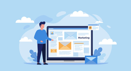 Man presenting email marketing strategy on laptop.