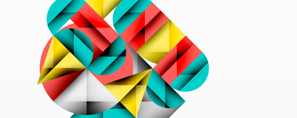 Wall Mural - Abstract geometric artwork with overlapping circles and gradients, circle square triangle shapes background featuring sharp angular cuts, smooth shading, and structured layered composition