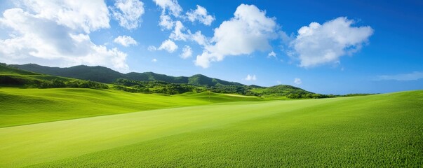 Wall Mural - A vibrant landscape featuring lush green hills under a bright blue sky with fluffy white clouds, evoking a sense of tranquility and natural beauty.