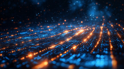 Digital technology background with blue light rays and binary code