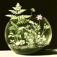 Aufkleber - A minimalist glass vase with lush green plants inside, creating a fresh and natural decorative element for any environment