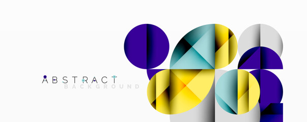 Wall Mural - Abstract geometric design with intersecting circles, triangles, squares and sharp angles creating a layered composition with gradients, depth, and contrast