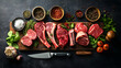 © Christ - Overhead view gourmet meat preparation and dark mood culinary photography