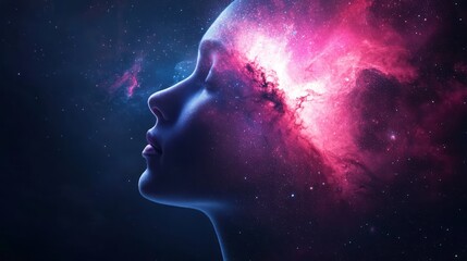 Wall Mural - the concept of the big bang in the echo of the human mind. a beautiful woman's face in profile, with