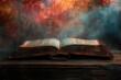 © iv - A weathered open book on a wooden surface, with a soft, abstract background suggesting knowledge and mystery.