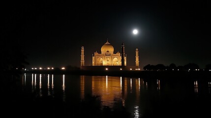 Wall Mural - the taj mahal lit up at night, with the moon casting a soft glow over its intricate architecture and