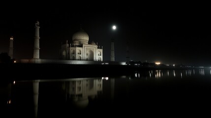 Wall Mural - the taj mahal lit up at night, with the moon casting a soft glow over its intricate architecture and