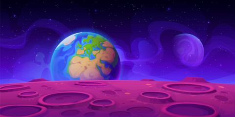 Wall Mural - View of earth and alien planet surface landscape for galaxy fantasy, vector background. Purple planet surface with craters and view on earth planet in starry sky among galaxy stars in outer space
