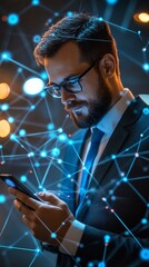 innovative businessman navigating digital networks, exploring cutting-edge technology and connectivi