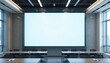 © Vancouver - Empty conference room with large projector screen and rows of desks in modern office setting