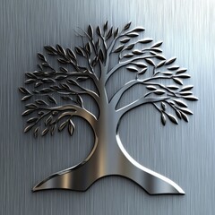 Aufkleber - Silver Tree of Life Embossed on Brushed Metal Surface, Modern Art Depicting Growth and Nature's Resilience