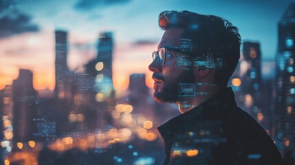 futuristic cityscape man contemplating urban digital overlay at sunset