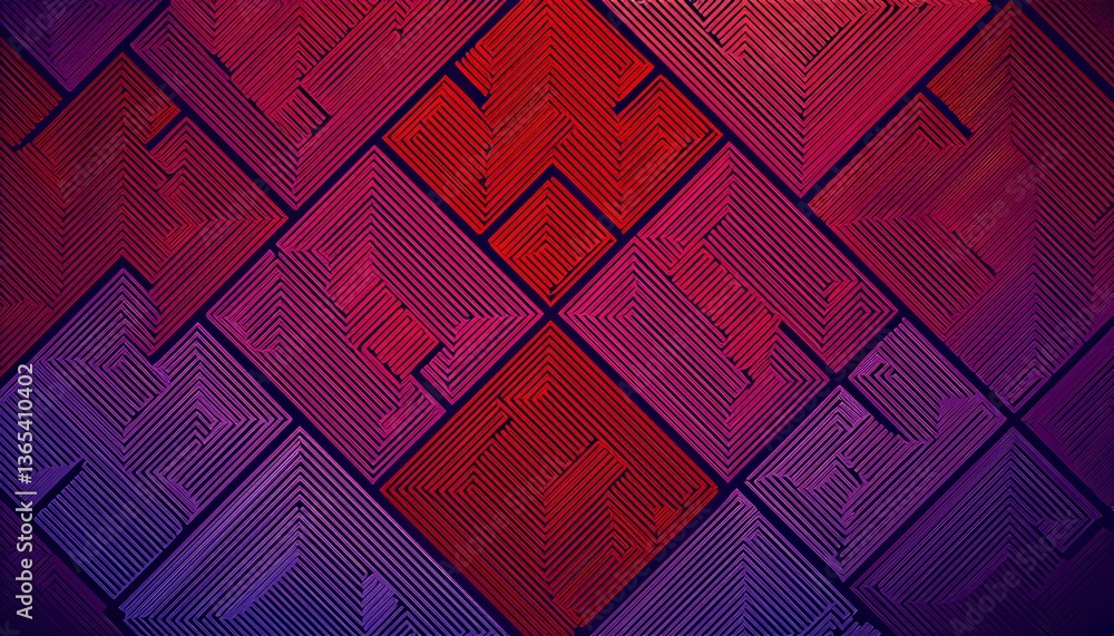 Three dimensional abstract purple and red geometric maze pattern design