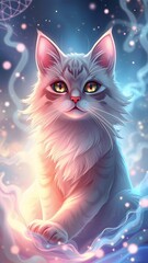  A vibrant digital illustration of a magical cat, ideal for a whimsical smartphone wallpaper.  