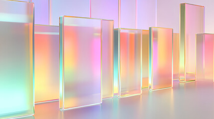 Wall Mural - 3d abstract glass square shapes in row. iridescent crystal transparent plates, flying rainbow panels