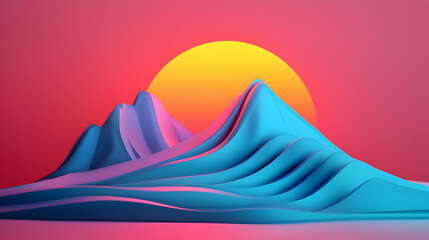Wall Mural - Abstract Mountains at Sunset Retro Synthwave Landscape