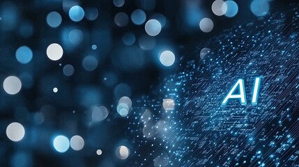 Wall Mural - abstract background showcases ai with glowing letters and connections amidst a dark setting of bokeh
