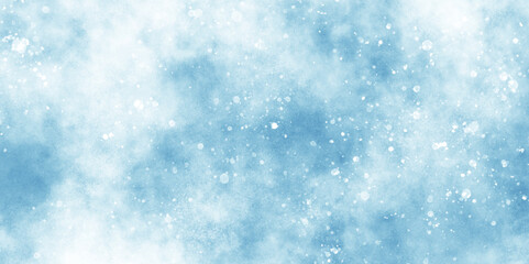 Wall Mural - shiny and glowing abstract snow is falling on cloudy background, light blue bokeh background for des