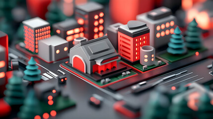 Wall Mural - isometric cityscape on circuit board: red and gray buildings at night