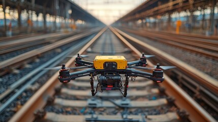 Aufkleber - A drone is flying above railway tracks during sunset, exploring railway infrastructure to improve logistics, transportation automation, and mobility solutions in the region.