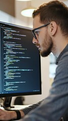 Focused software developer writing code in a modern office environment during daytime