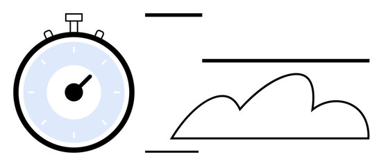 Stopwatch and cloud imagery highlights speed and technology. Ideal for time management, cloud computing, productivity, efficiency, fast performance, digital transformation, flat simple metaphor