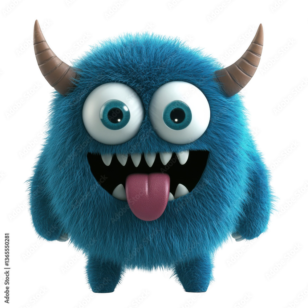 3D cartoon, a happy, cute blue furry monster with horns and big eyes ...