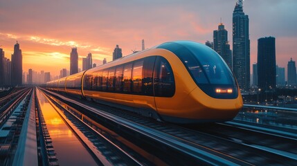 Aufkleber - A sleek maglev train glides along elevated tracks against a stunning sunset backdrop, highlighting advanced transportation technology amid towering skyscrapers and urban landscapes.