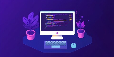 Coding Workspace with Computer and Plants at Night in Isometric Style
