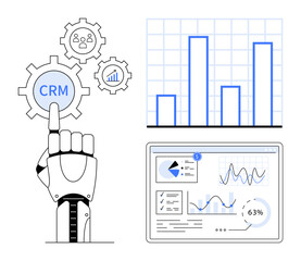Wall Mural - robotic hand interacts with crm gear icon. nearby are bar charts, analytics figures, and a user inte