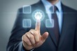 © NopImocha - Human hand touching virtual UI elements A businessman interacts with a digital interface, highlighting technology and innovation.