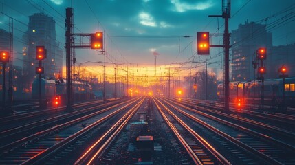 Poster - Trains stand still as dusk settles, illuminated signals glowing in the twilight. Railway tracks stretch endlessly, emphasizing automated mobility in urban infrastructure.