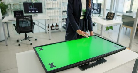 Poster - Green screen, online and person with monitor, office and planning for ad campaign with tech and hands. Tracking markers, mockup and checking target audience with app, employee and interactive display