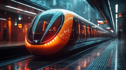 Poster - Sleek subway train rests on the tracks in a contemporary underground station, highlighted by bright lights reflecting on the polished floor, emphasizing urban mobility and efficiency.