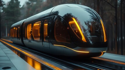 Poster - A futuristic metro train is stationed on a polished track surrounded by trees, highlighting innovations in urban transport and mobility during twilight. The sleek design features glowing lights.