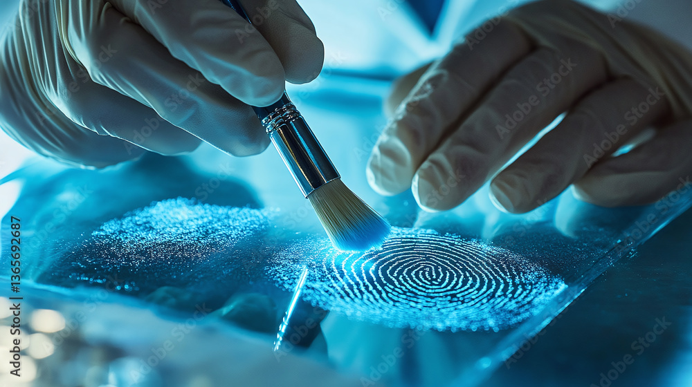 A forensic scientist analyzing fingerprints on a glass surface using ...