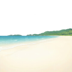 Wall Mural - a serene beach scene featuring soft white sand meeting gentle turquoise waves and lush greenery in t