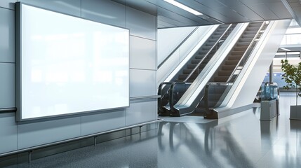 Spacious airport lounge featuring a white blank billboard and an escalator. Modern, sleek, and empty