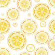 © SvitlanaKvet - A hand-drawn sketch of a seamless pattern of orange, lemon, and grapefruit slices on a white background. The style is warm and golden, with rough lines, textured pencil strokes, and a radiant, luxurio