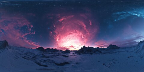 space panorama where radiant magenta nebula clouds swirl into a sapphire blue cosmic sky, with fine 