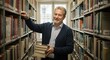 © Bang - Elderly man smiling while holding books in a library, surrounded by shelves filled with literature